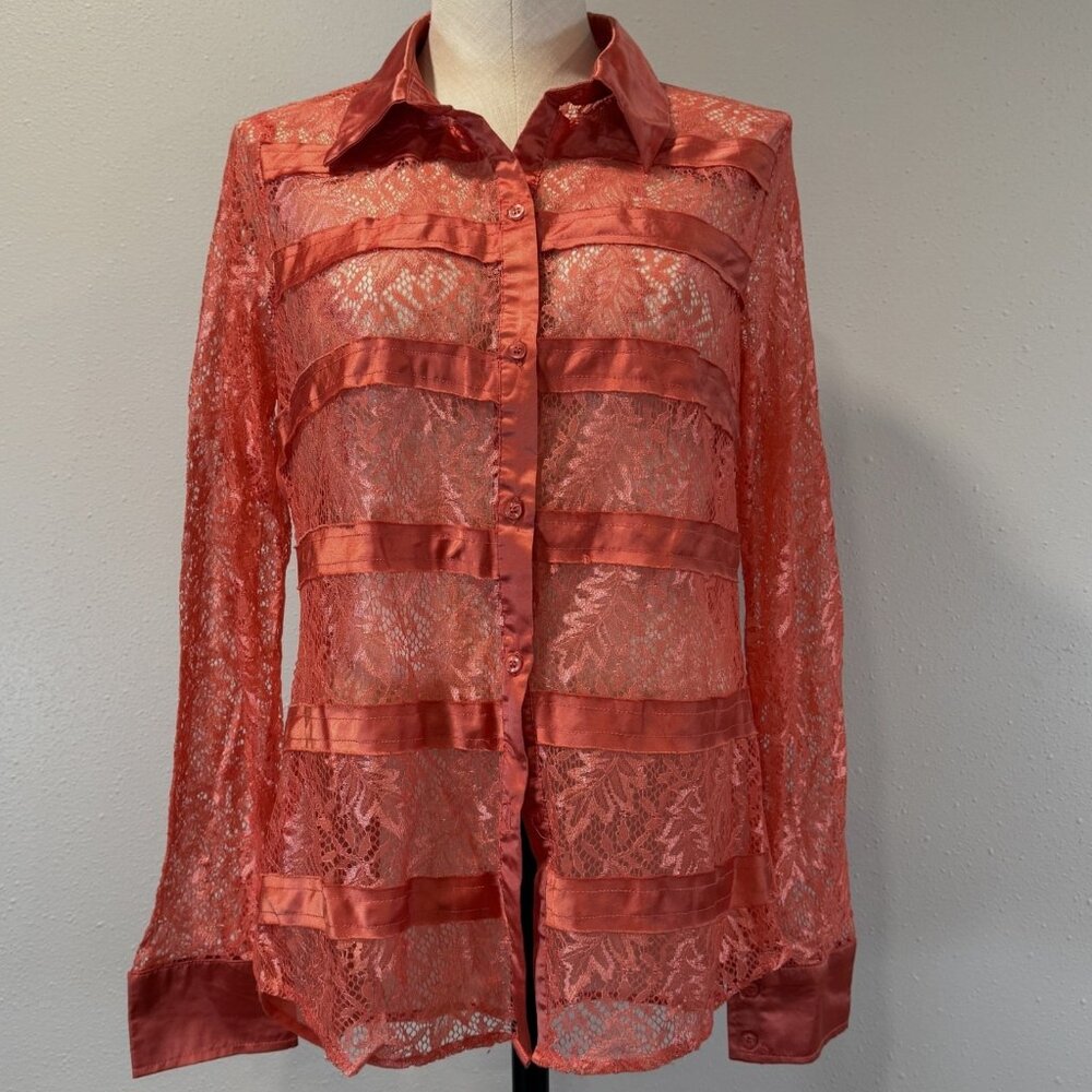 BKE Boutique Sheer Blouse Womens Sz Medium Stripe Lace Long Sleeve Coral Orange
